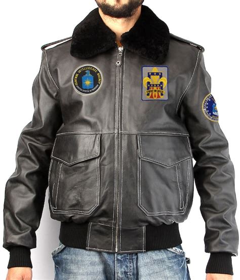 Black Leather Bomber Jacket With Patch 